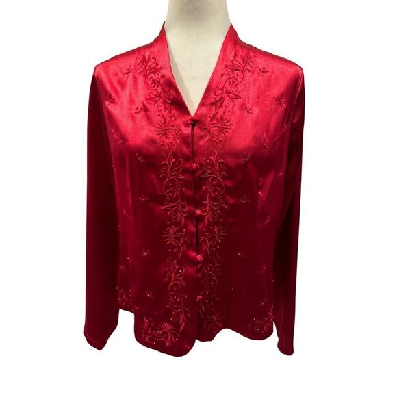 Laura Scott Red Embroidered Button Long Sleeve Down V-Neck - Size 12 - Picture 1 of 9